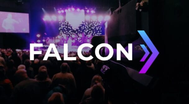 Falcon logo with broadcast camera filming a live event in the background.